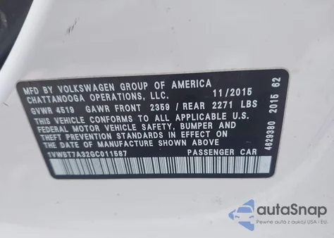 2016 Volkswagen Passat 1.8T Se z USA, uszkodzony, nr VIN 1VWBT7A32GC011587